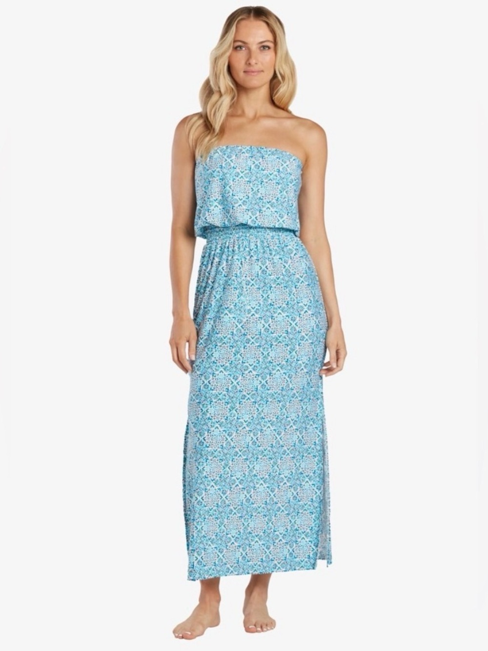 Helen Jon MEDIUM Blue Tropical Strapless Jolie Bandeau Montrose Midi Dress NWT